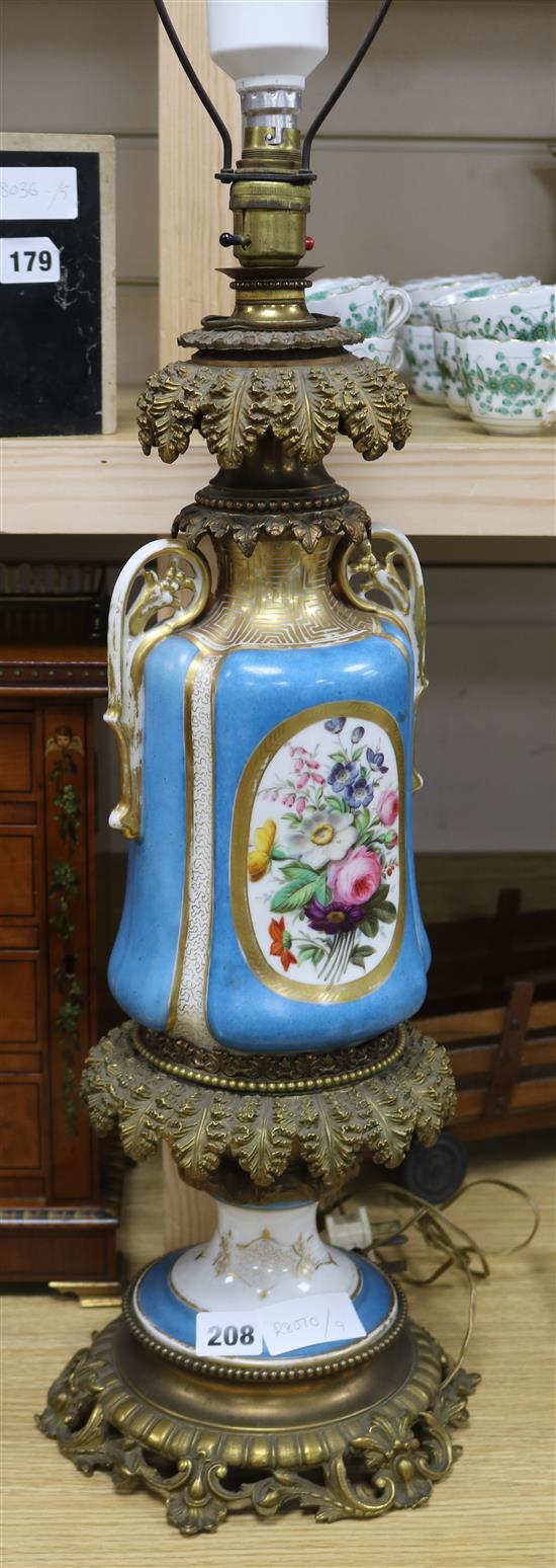 A late 19th century Sevres style ormolu mounted oil lamp